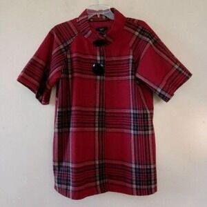 Anthropologie Luii Jacket Sm Plaid Tartan Dark Academia Red Black Half Sleeve